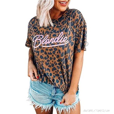 Women Blondie Leopard Print T-Shirt Casual Letter Print Short Sleeve Music Tees Tops