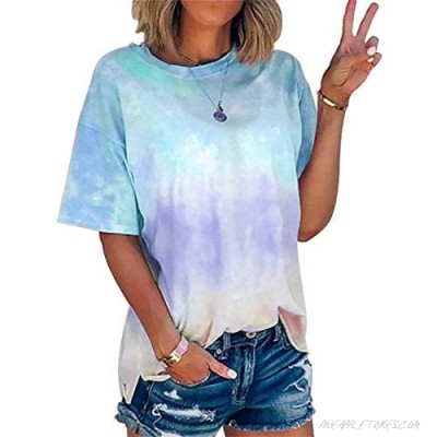 Women Gradient Color Shirt Tie Dye Print Short Sleeve T-Shirt Round Neck Summer Casual Loose Tee Tops (Light Blue M)
