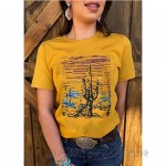 Women Western Cactus T-Shirt Vintage Retro Desert Sunset Graphic Shirt Cowgirl Short Sleeve Casual Blouse Tops Tees
