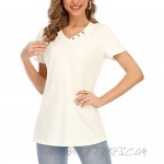 Women's Button V-Neck T Shirt Short Sleeve Loose Casual Blouse Basic Tee Tops