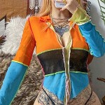 Women's Sexy Mesh See Through Crop Top Long Sleeve V Neck Patchwork T Shirt for Rave Party Club Festival