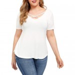 Women’s Short Sleeve Criss Cross V Neck T Shirts Regular &Plus Size Summer Tops S-3X