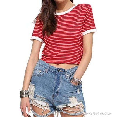Women's Summer Casual Short Sleeves Crew Neck T Shirts Stripe Tees Crop Tops for Teen Girls