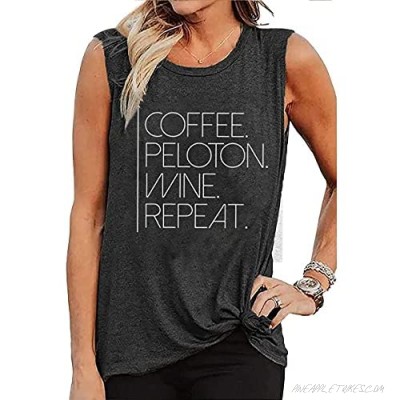 FCHICH Peloton Shirt Tank Tops Women Coffee Peloton Wine Repeat Muscle Tank Top Funny Letter Print Sleeveless Shirts