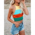 HZSONNE Women Rainbow Color Block Stripe Lace Up Halter Backless Sleeveless Cut Out Crop Tank Tops Tunic Cami Beach Cover Ups