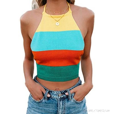 HZSONNE Women Rainbow Color Block Stripe Lace Up Halter Backless Sleeveless Cut Out Crop Tank Tops Tunic Cami Beach Cover Ups