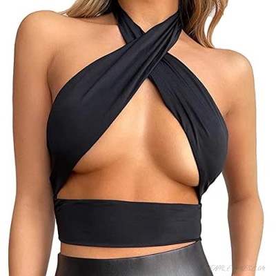 Women Crisscross Halter Neck Cutout Top Sheer Cup Detail Strappy Tie Backless Basic Tees Crop Top Y2K Sexy