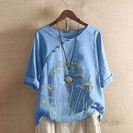 Women's Cotton Linen Tops Casual Round O-Neck Short Sleeve Flower Print Blouse Shirts Plus Size Summer Loose Tops