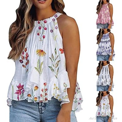 Womens Summer Halter Neck Tank Top Solid/Floral/Tie Dye Ruffles Hem Sleeveless Shirt Flowy Loose Blouse Vest Cami Shirt