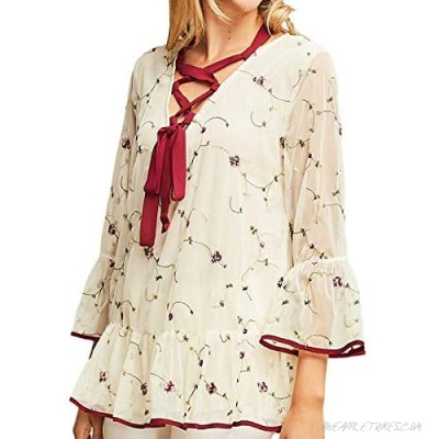 A&O Womens Embroidered Lace Up Peplum Tunic Top