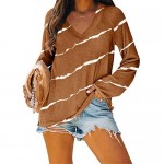 Bigyonger Women's Long Sleeve Tie Dye Striped T-Shirts V-Collar Casual Loose Pullover Tops