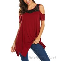 Burlady Women's Lace Cold Shoulder Tops Short Sleeve Flowy Loose Tunic Shirts