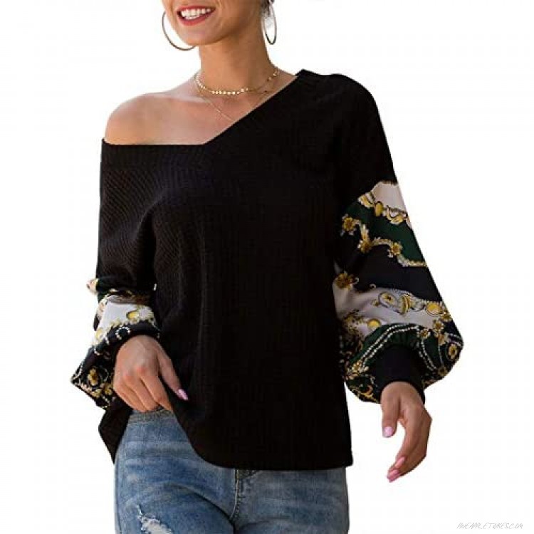 CERYIWER Womens Waffle Knit Shirts V Neck One Shoulder Long Lantern Sleeve Printed Tops Blouse