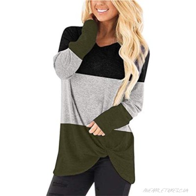 DKKK Women's Round Neck Long Sleeve Color Block Casual Loose Tunic Shirt Blouse Top with Tie