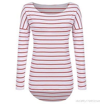 Fall Round Neck Long Sleeve Striped T-Shirt tunic (XXL Red and White)
