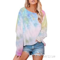 Geckatte Womens Tie-dye Printed Lightweight Round Neck Shirts Long Sleeve Loose Casual Pullover
