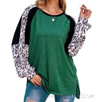 HEQU Women's Leopard Raglan Sleeves Tunic Tops Blouse Leopard Solid Contrast Long Sleeve Top Pullovers
