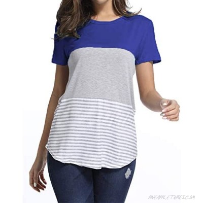kigod Women's Casual Short Sleeve Round Neck Top Triple Color Block Stripe T-Shirt Tunics Blouse