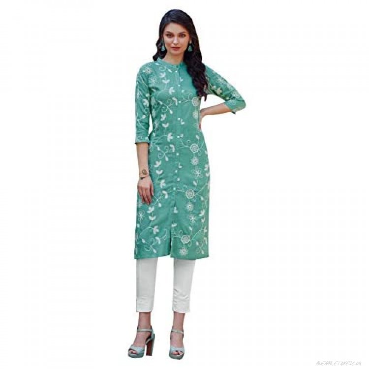 ladyline Blend Cotton Embroidered Kurti Tunic for Womens Casual Top 3/4 Sleeves Button Down Kurta Indian
