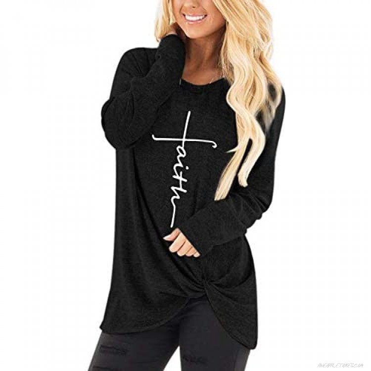 Mansy Women's Letter Print Tunic Graphic Tees Long Sleeve Twist Knot Casual Cotton T Shirt Pullover Tops