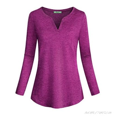 Miusey Womens Casual Long Sleeve Curved Hem Loose fit Henley V Neck Tunic Shirt