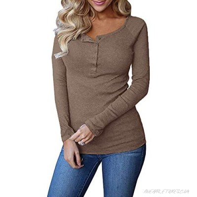 Remikstyt Womens Long Sleeve Henley Shirts Ribbed Button Down Casual Tunic Tops Brown