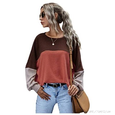 Romwe Women's Long Sleeve Waffle Knit Shirts Color Block Loose Tunic Tops Blouse