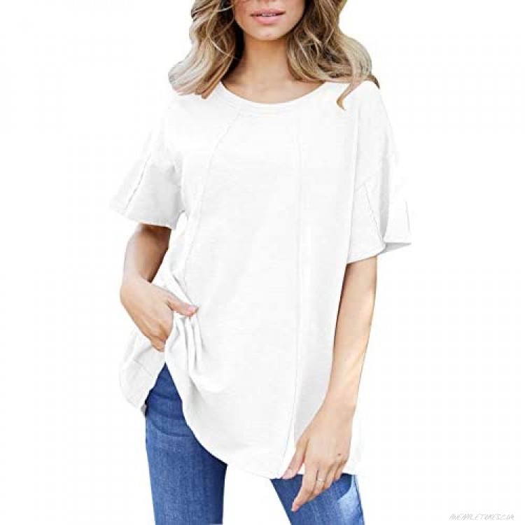 Selowin Women's Patchwork Stitching Tunics Casual Loose Solid Crewneck Tshirt