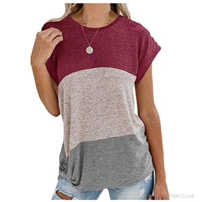 UGET Women Short Sleeve Triple Color Block Round Neck T-Shirt Casual Blouse Summer Tops Tunics for Leggings Red Medium