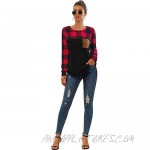 Women's Casual Plaid Patchwork O-Neck Long Sleeve Loose Pullover Tops T-Shirt with Pocket