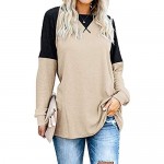 Women's Color Block Round Neck Long Sleeve Pullover Shirt Casual Tunic Tops for Leggings