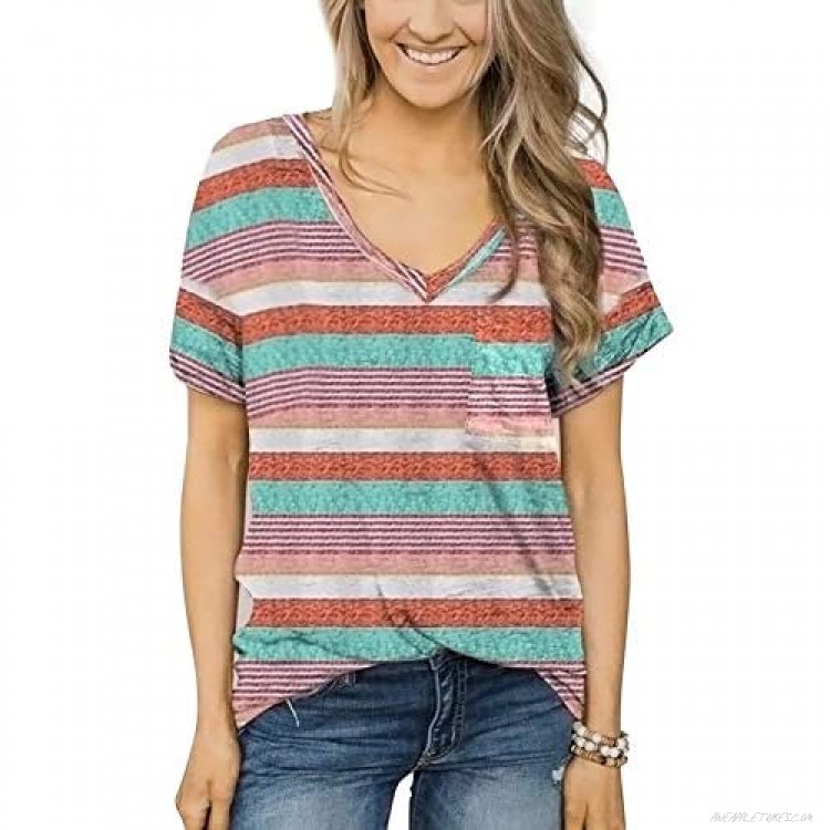 Womens Striped Short Sleeve Blouses Loose Comfort Casual V Neck T Shirts Color Block Tops