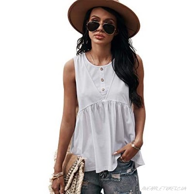 Women’s Summer Henley Round Neck Sleeveless Button Up Backless Solid Flowy Mini Tank Tunic Top