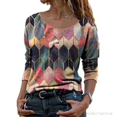 Womens Tunic Shirts Long Sleeves Colorful Geometric Vintage Shirt Loose Tops