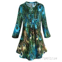 Women's Tunic Top Green & Blue Peacock Feathers Pleated Blouse Pleated Bodice