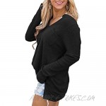 Women's V-Neck Waffle Knit Top Casual Long Sleeve Pullover Shirt with Pockets Black XL