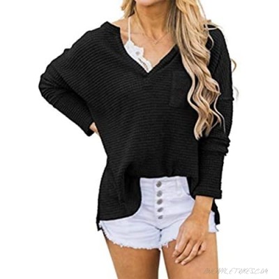 Women's V-Neck Waffle Knit Top Casual Long Sleeve Pullover Shirt with Pockets Black XL
