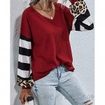 ZILIN Women's Casual Leopard Print Color Block Tunic Shirt Cute Long Sleeve V Neck Waffle Knit Tops